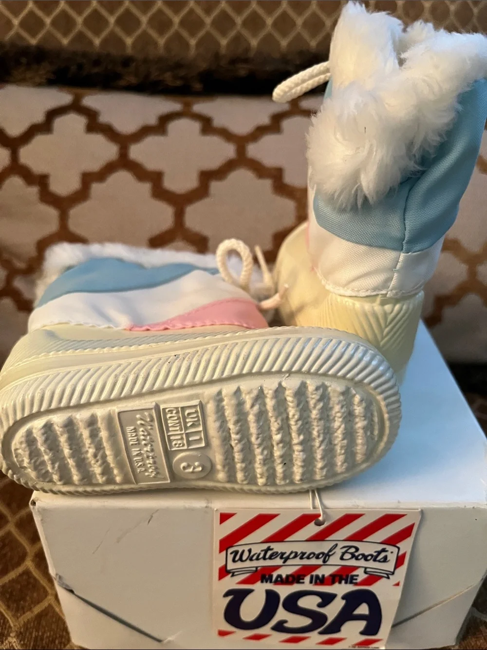 Kids Waterproof Winter Boots - White with Pink & Blue Faux Fur Trim